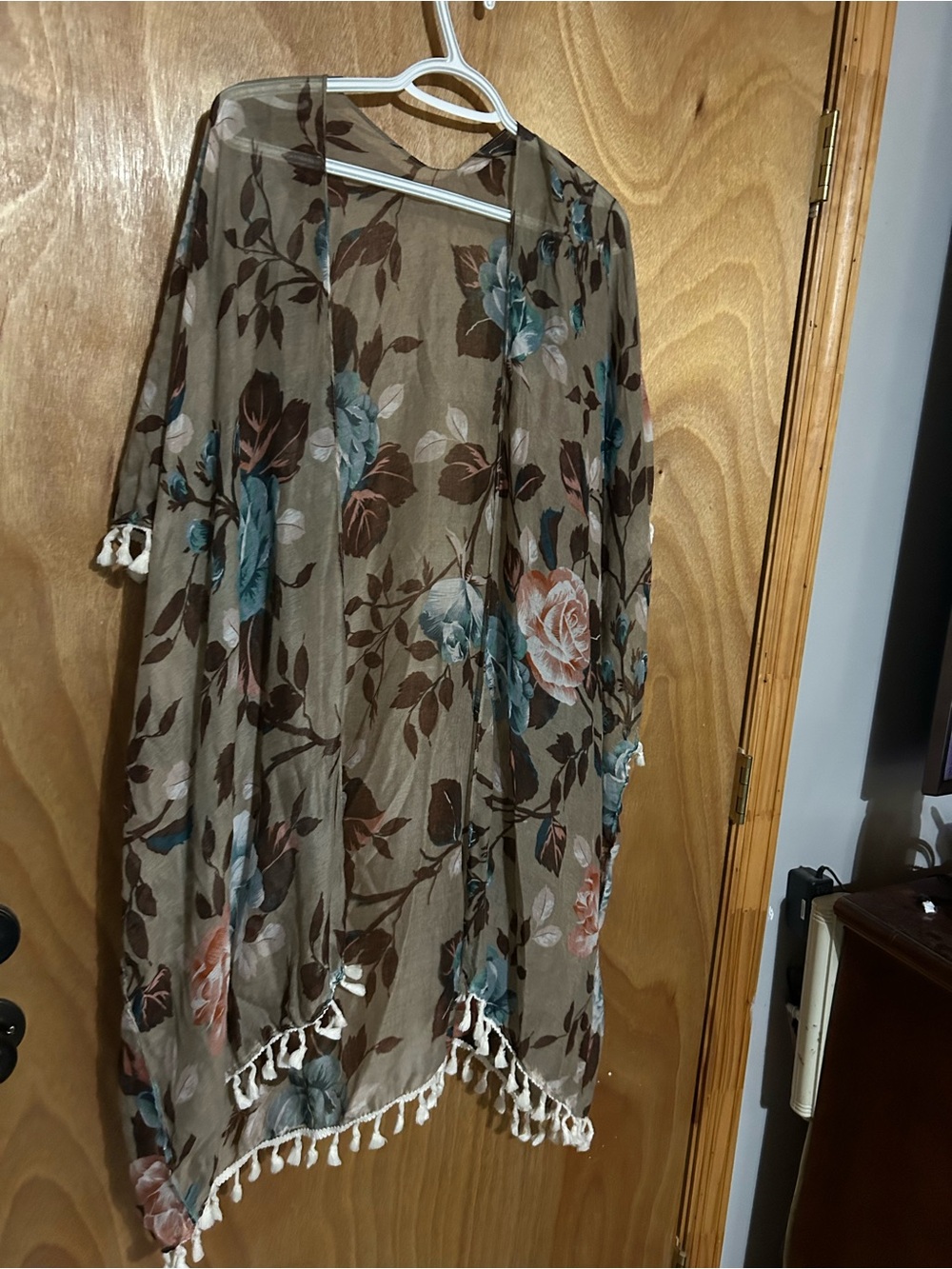 Floral Tassel Kimono - Taupe with Blue & Peach Flowers